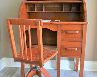 Vintage Children s Roll Top Desk With Swivel Chair 1930 s Children s Desk With Roll Top and Desk Chair Child s Desk With Chair Etsy