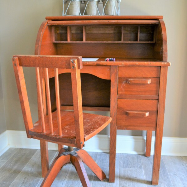 Vintage Children's Roll Top Desk with Swivel Chair | 1930's Children's Desk with Roll Top and Desk Chair | Child's Desk with Chair