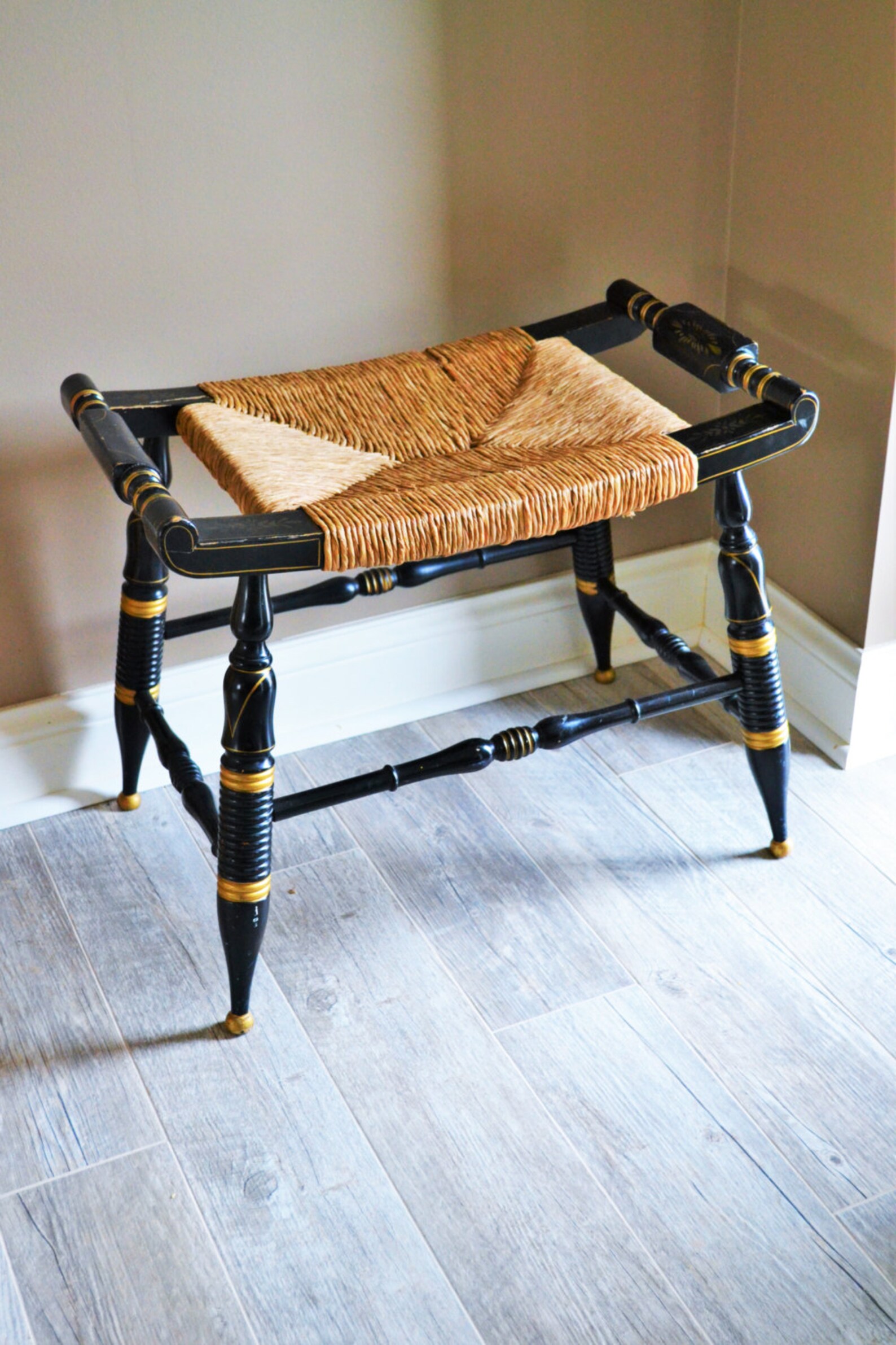 Vintage Hitchcock Style Rush Seat Vanity Bench Black and Etsy