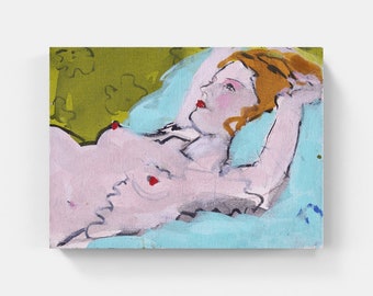 Angela In Blue, Small Painting of a Nude Reclining On A Bed, by artist Colleen Ross