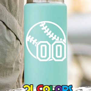 May include: A white water bottle with a baseball and numbers 00 design. The text "CUSTOMIZE ME" and "21 COLORS" are on the image.
