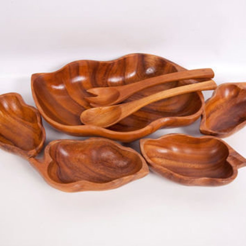 Vintage Leaf shaped salad bowl set Monkey Pod Wood Made in the | Etsy