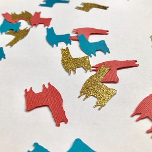 Confeti Llama Fiesta con purpurina dorada, coral y azul para decoración de fiestas.