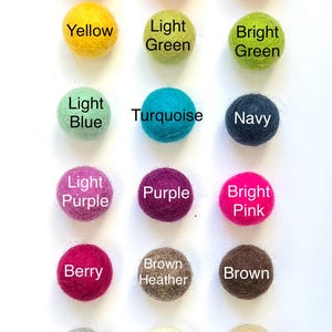 May include: A collection of 15 felt balls in various colors, including red, orange, yellow, green, blue, purple, pink, brown, grey, cream, and tan. Each ball has a label with the color name.