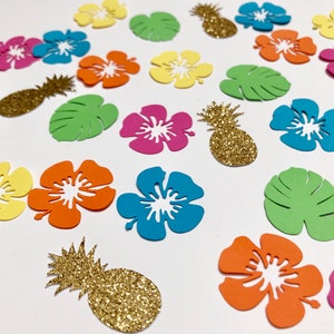 Hawaiian Luau Party Confetti, Hibiscus, Monstera Leaves, Aloha and Pineapples