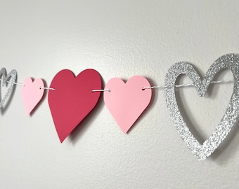 Heart Banner, Silver Glitter, Red and Pink Party Decor, Mantle Garland