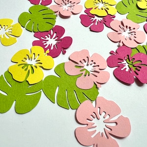 Hawaiian Luau Party Confetti, Pink and Yellow Hibiscus Flowers, Green Monstera Leaves