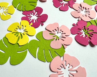 Hawaiian Luau Party Confetti, Pink and Yellow Hibiscus Flowers, Green Monstera Leaves