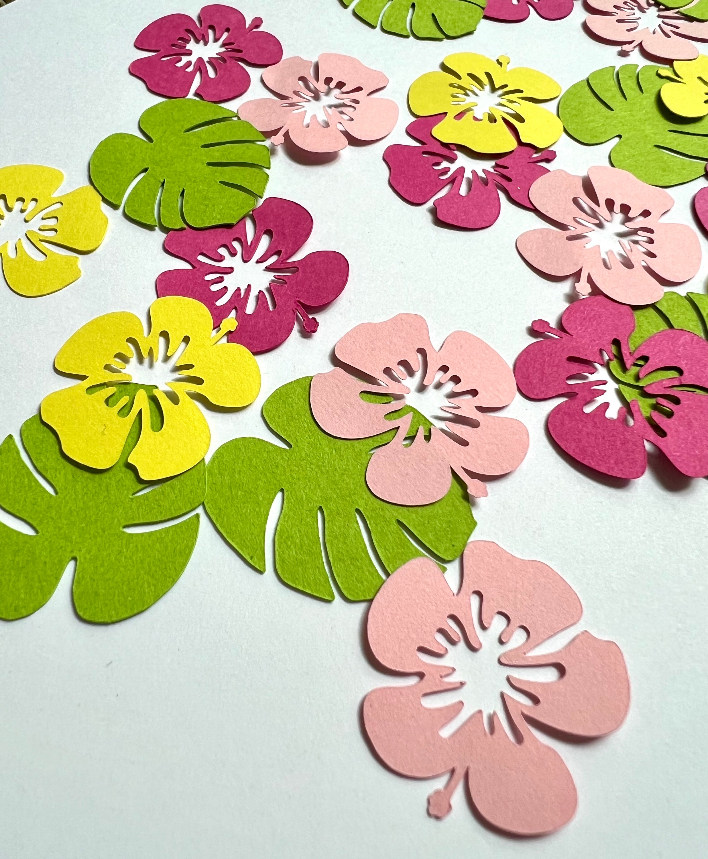 Hawaiian Luau Party Confetti Pink and Yellow Hibiscus Flowers Green Monstera Leaves