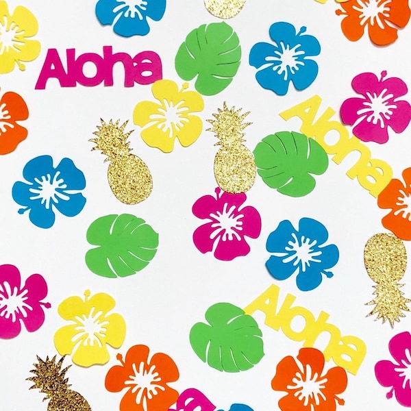 Hawaiianische Luau-Party-Konfetti, Hibiskus, Monstera-Blätter, Aloha und Ananas
