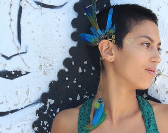 Festicuff feather earcuff - beautiful sea-toned blue and green feather ear cuff with optional earring