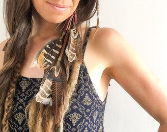 Natural feather earring with earthy browns & caramels made with striking pheasant feathers / festival / burning man / leopard print