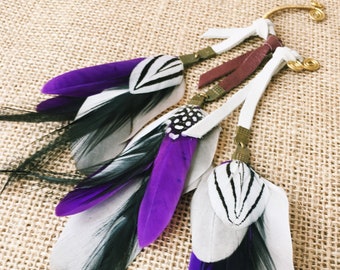 Ear cuff feather and leather - dangle earring effect perfect for non-pierced ears / festivals burning man ayahuasca playa