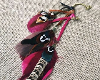 Ear cuff with feather and leather dangle earring - burgundy -red - festival - boho - accessories - bridal - burning man - tango - tantra -