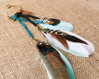 Ear cuff feather and leather - dangle earring effect perfect for non-pierced ears / festivals burning man ayahuasca playa