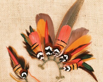 Feather ear cuff with rich burgundy orange and caramel tones and striking pheasant feathers boho hippy accessories ceremony smudging