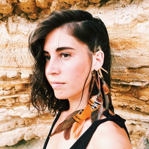 NeckWing Feather Ear Cuff | Cascading Feather Ear Wrap for Non-Pierced Ears | Recycled Leather | Feathers | Festival & Wedding Jewelry