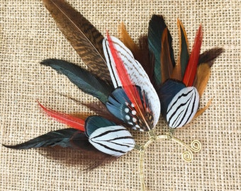 Feather ear cuff with striking caramel and red pheasant feathers and zebra print silver pheasant , tribal, festival, burning man, shamanic,