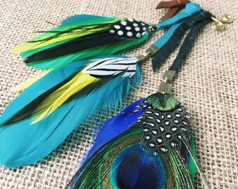 Ear cuff feather and leather - dangle earring effect perfect for non-pierced ears / festivals burning man ayahuasca playa