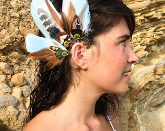 Delicate Feather EarWing in icy blue, white and earthy browns perfect festival wear or for alternative brides or bridesmaids