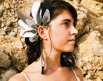 Feather ear cuff with chain earring, black and white, Guinea fowl, silver pheasant and goose feathers. boho / festival / burning man wedding