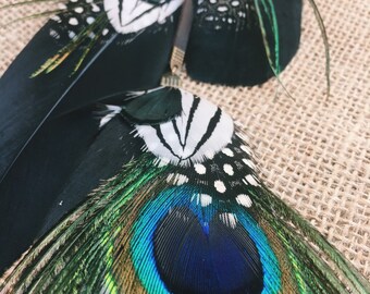 Long feather earring with black goose, spotty guinea fowl & peacock feathers, leather dangle / hair clip / bridal / festival / burning man