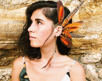 Festival ear cuff - natural, earthy pheasant feathers with bright orange and red fire - animal print - boho - ceremony - dance accessories