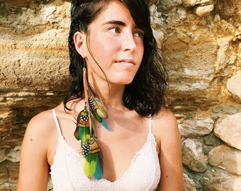 Long feather earring / vibrant tropical feathers, spotty Guinea fowl, recycled leather / dangle / hair clip / festival / boho