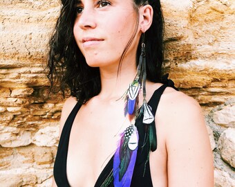 Feather Earring, dangle earring, peacock, pheasant, feathers, feather jewellery / boho chic/ festival / burning man henchella party ceremony