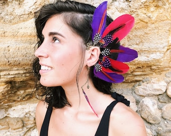 Festival ear cuff - natural guinea foul and turkey feathers with bright purple and red. animal print - boho - ceremony - dance accessories