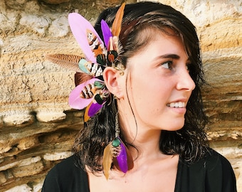 Feather ear cuff in powerful purple and earthy pheasant with brass detachable earring / feathers / festival / shaman / ayahuasca / goddess