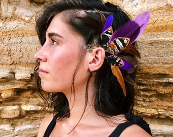 Heavenly EarWing with naturally patterned caramel pheasant feathers and flashes of purple and iridescent green