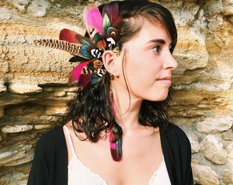 Feather ear cuff with rich burgundy and caramel tones and striking pheasant feathers boho hippy accessories ceremony smudging