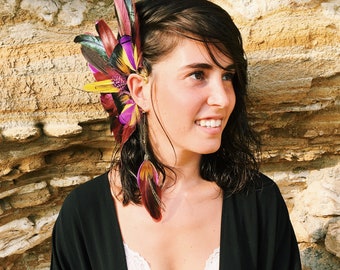 Feather ear cuff - beautiful iridescent purple rooster feathers with yellow flashes