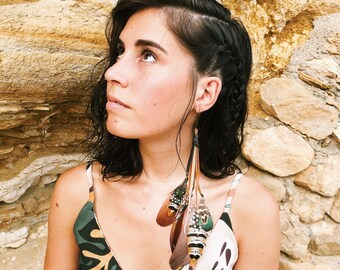 Long feather earring with dark browns and caramel animal print feathers, leather dangle / hair clip / peacock / festival / burning man