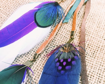 Long feather earring with tropical blue, purple and iridescent green pheasant feathers, leather dangle hair clip bridal festival burning man