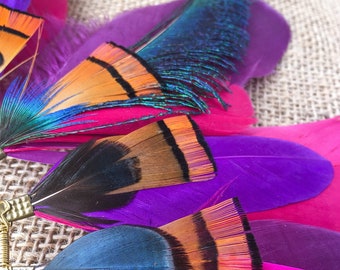 Feather ear cuff - striking, bright with peacock, goose and pheasant feathers / festival / burning man / shamanic / fluorescent /