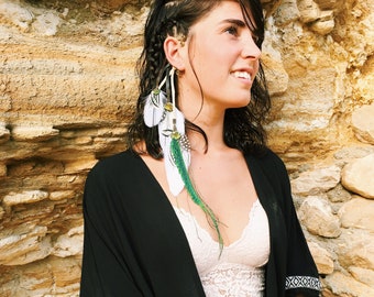 Ear cuff feather & leather / peacock dangle earring / non-pierced ears / festivals burningman ayahuasca henchella