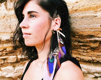 Ear cuff feather and leather - dangle earring effect perfect for non-pierced ears / festivals burning man ayahuasca playa