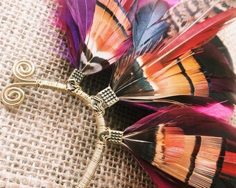 Feather ear cuff with rich burgundy, purple and black goose feathers and natural pheasant feathers - festival - burning man - boho - fantasy