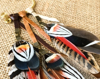 Dangle feather ear cuff NeckWing - Natural browns, flashes of red with zebra print silver pheasant feathers / burning man / festival / boho