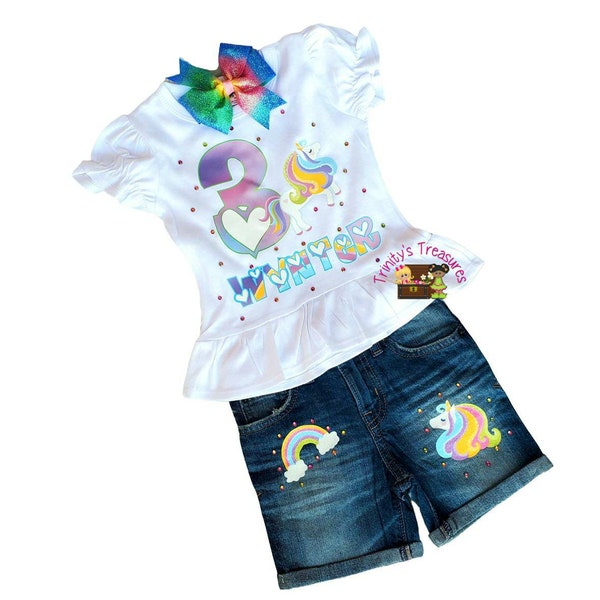 Ensemble short en jean, chemise d'anniversaire, tenue d'anniversaire de fille, short en jean bleu, licorne, tenue de troll, tenue de requin