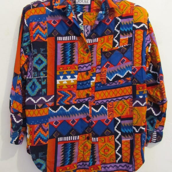 Reduced@@A Women's,FUNKY Vintage 80's,Long Sleeve TRIBAL Print RAYON Blouse w/Shoulder Pads By Joulie.M-pet