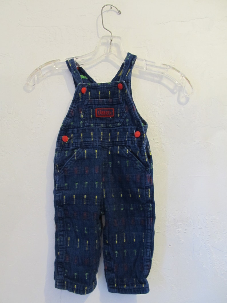 Adorable Little Boy/'s Vintage 90/'s,Blue Embroidered Denim BIB OVERALLS By LIBERTY.12mo