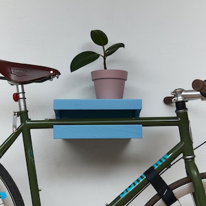 Wood bike wall mount / Blue shelf for bike storage / Wooden bike rack