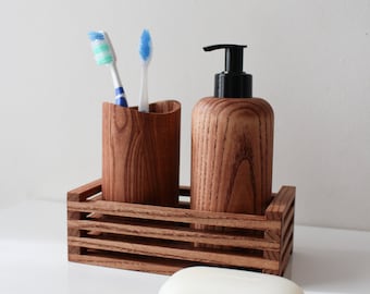 Wood Bathroom Accessories Set, Wooden Soap Dispenser, Toothbrush