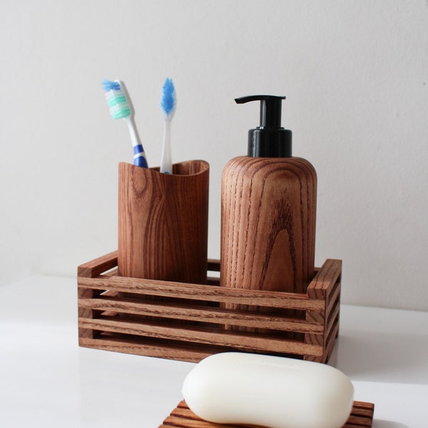 Wood Bathroom Accessories Set, Wooden Soap Dispenser, Toothbrush Holder, Soap Dish