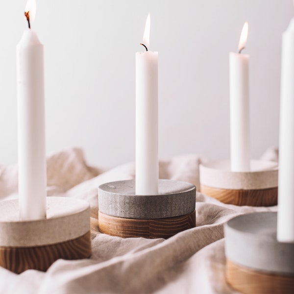 Modern candle holder from wood and concrete / Cement tealight candle holder / Modern minimalist home decor