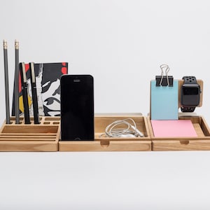 Wood table organizer / Desk organizer set / Apple watch holder / Wood desk organizer