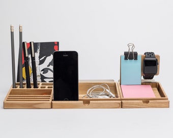 Wood table organizer / Desk organizer set / Apple watch holder / Wood desk organizer